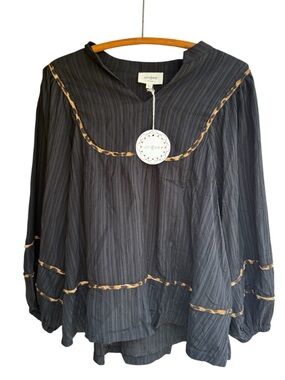 NWT Umgee Black Crinkle Peasant Blouse with Animal Print Braided Trim, Size XL